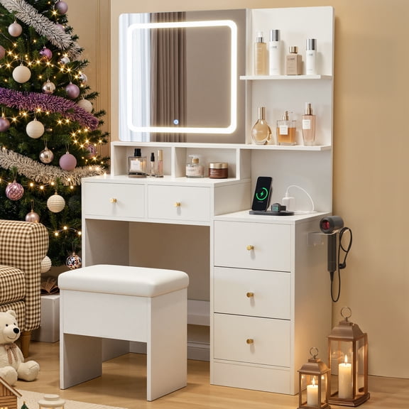 Makeup Vanity Desk Set with Mirror amd LED Lights, White Vanity Table with Chair, Charging Station, 3 Open Storage Shelves & 4 Drawers, Dressing Table with 3 Color Modes for Bedroom