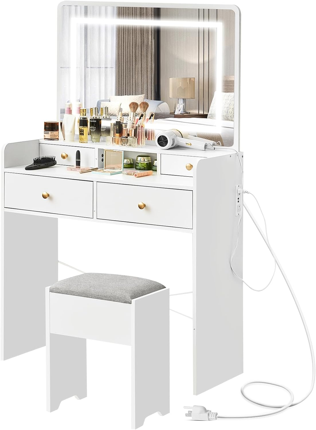 Makeup Vanity Desk Set with LED Lighted Mirror Power Outlet, Vanity