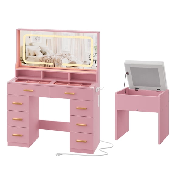 Makeup Vanity Desk Set with Large LED Mirror, 8 Drawers, 3 Shelves, Glass Top, Power Outlet and Stool, Vanity for Bedroom or Dressing Room - Pink