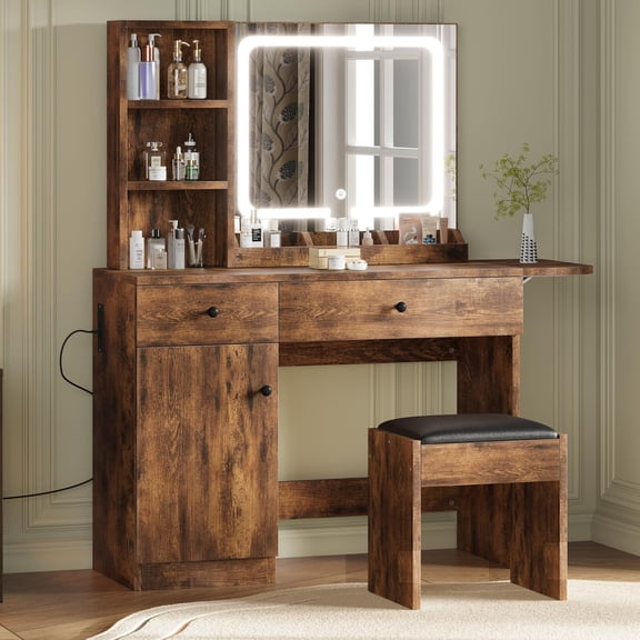 Makeup Vanity Desk Set with Mirror, 35.4'' Vanity Table 3-Colour Lights with 2 Drawers & Shelves for Bedroom Dressing Room