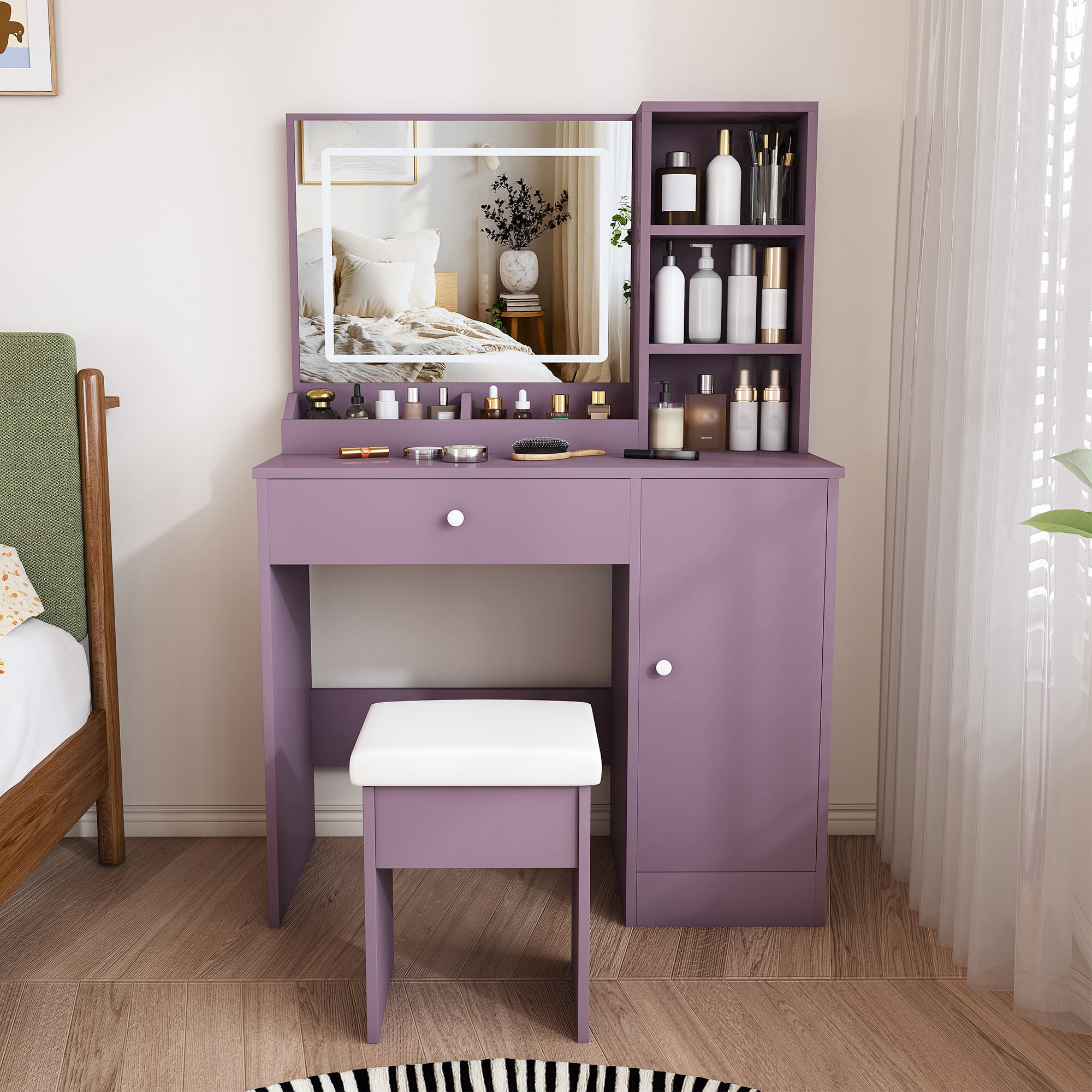 Makeup Vanity Desk Set with Padded Stool & 3-Mode Dimmable LED Mirror, Multi-Storage Modern Bedroom Dressing Table for Bedroom Apartment Dorm