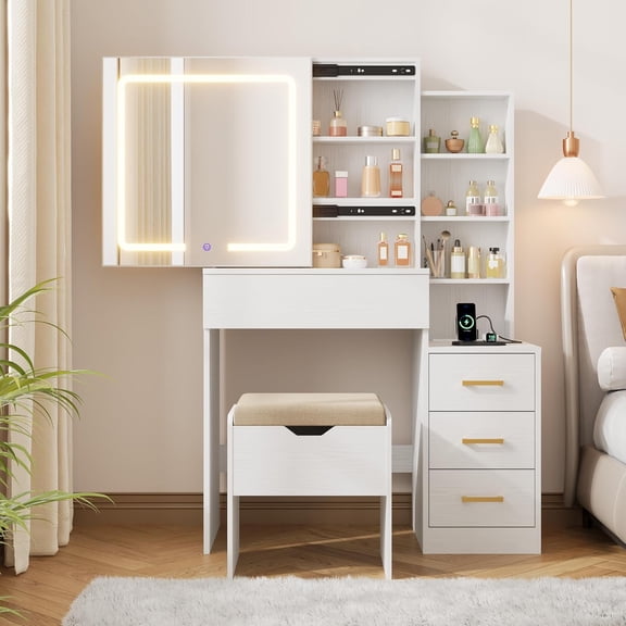 Vanity Desk with Mirror and Lights, Makeup Vanity with Drawer & Storage Shelves, Cabinet, 3 Lighting Modes Adjustable Brightness, Power Outlet