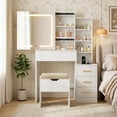 thumbnail image 1 of Makeup Vanity Desk with Sliding Mirror, Vanity Table with 3-Color LED Lights, Dressing Table with Cushioned Stool & Power Outlet, 4 Drawers & 7 Storage Shelves, White, 1 of 8