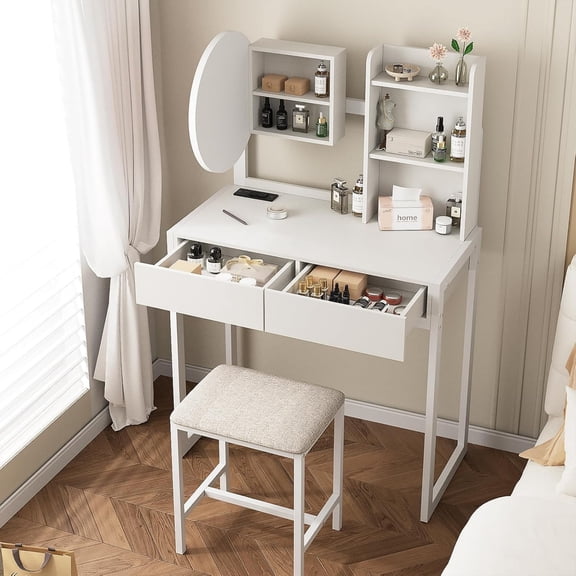 Makeup Vanity Desk with Smart LED Mirror & Charging Station, 31.5" Vanity Table Set with 4 Drawers, Storage Shelves & Cushioned Stool, Modern Bedroom Dressing Table Sturdy Metal Frame, White