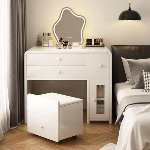 Makeup Vanity Desk with Stool, Free Standing Makeup Vanity Table with Drawers Modern Corner Makeup Table with Cabinet White for Compact Space Apartment$$Home Decor, Kitchen, & Other