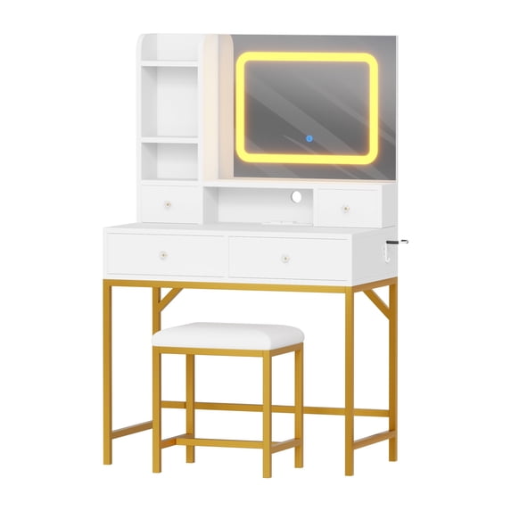 Makeup Vanity Desk and Stool with Mirror, Modern Vanity Table with Charging Station, 4 Drawers and 2 Open Shelves, 3 Lighting Mode Adjustable Dressing Table Set for Bedroom, Makeup Studio