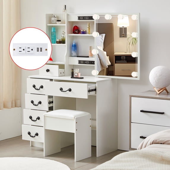Makeup Vanity Desk Table Set With Sliding LED Mirror Stool Drawer USB AC Power