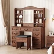 Makeup Vanity Desk, Vanity Table with Chair, Vanity Desk with 10 Drawers and 8 Storage Shelves, 3 Colors LED Light Makeup Desk with Power Outlet for Bedroom Powder Room