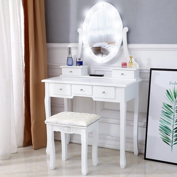 Makeup Vanity Desk and Stool Set, Vanity Mirror with Lights and Table Set, Small Vanity Table for Bedroom