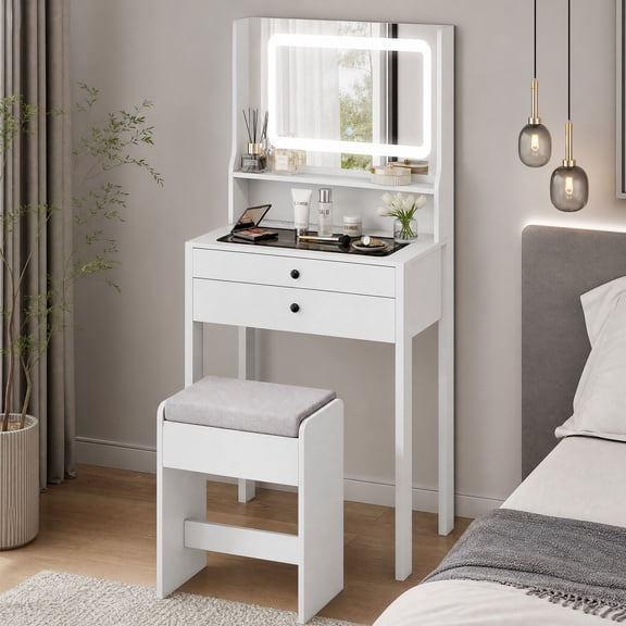 Makeup Vanity Desk with 3‑Color Lighted Mirror, Built‑in Charging Station, Tempered Glass Tabletop, 2 Drawers and Padded Stool for Bedroom,White