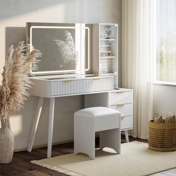 Makeup Vanity Desk with LED Lighted Mirror, Glass Top Dressing Table with Built-in Charging Station and Cushioned Storage Stool for Bedroom