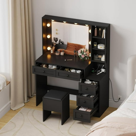 Makeup Vanity Desk with LED Lighted Mirror,Large Vanity Desk With 5 Drawers And Shelves,Vanity Table Set With  USB Ports & Outlets For Bedroom,