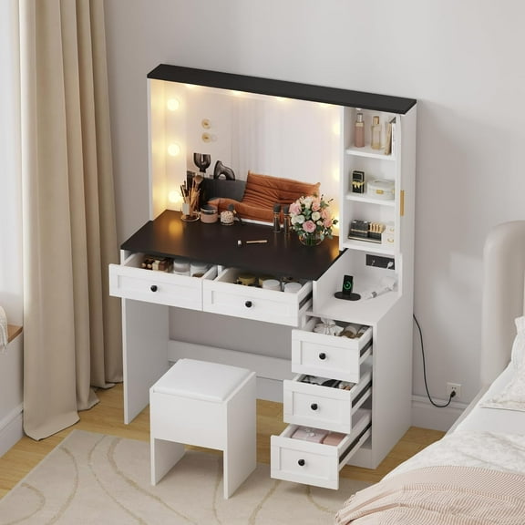 Makeup Vanity Desk with LED Lighted Mirror,Large Vanity Desk With 5 Drawers And Shelves,Vanity Table Set With USB Ports & Outlets For Bedroom,