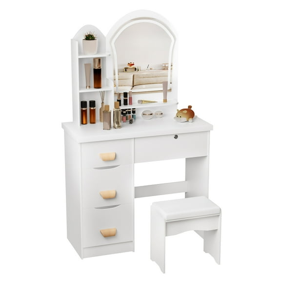 Makeup Vanity Desk with LED Lighted Mirror, Vanity Table with 4 Drawers and Opening Shelves, Bedroom Dressing Table with Stool