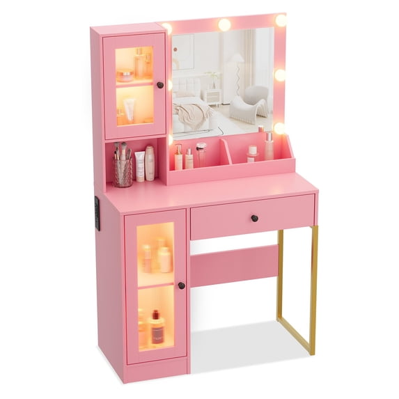 Makeup Vanity Desk with LED Mirror, Charging Station, Storage Drawers & Cabinets for Bedroom
