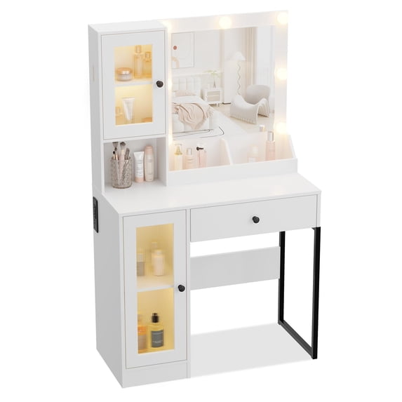 Makeup Vanity Desk with LED Mirror, Charging Station, Storage Drawers & Cabinets for Bedroom