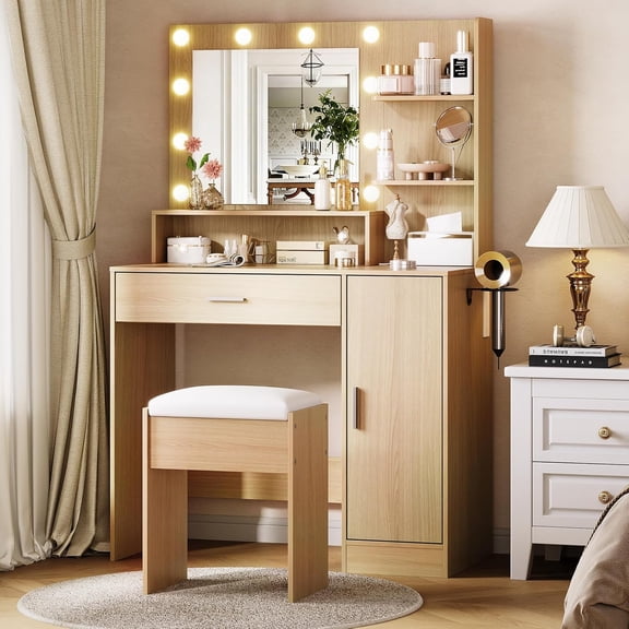 Makeup Vanity Desk with LED Mirror and Charging Station, Dressing Table with Storage Drawers, Stool, and Adjustable Lights,Wood