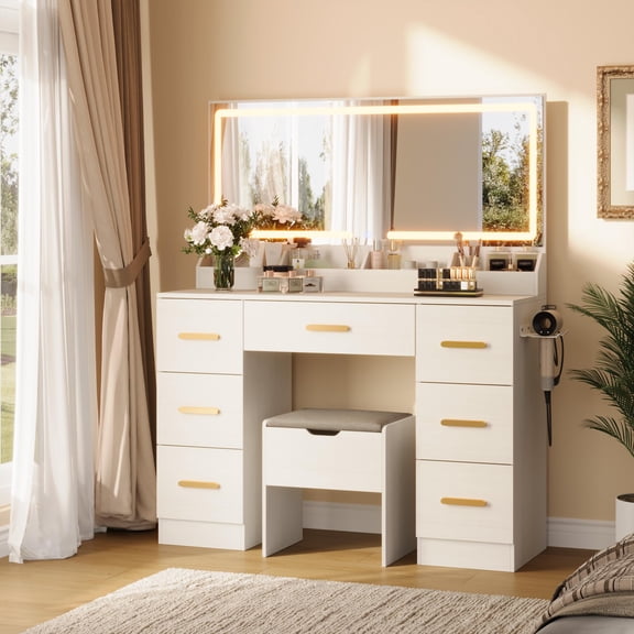 Makeup Vanity Desk with Large LED Mirror – 8 Spacious Drawers – 3 Adjustable Light Modes – Built-in Power Outlet – 45.9" Bedroom Table, White