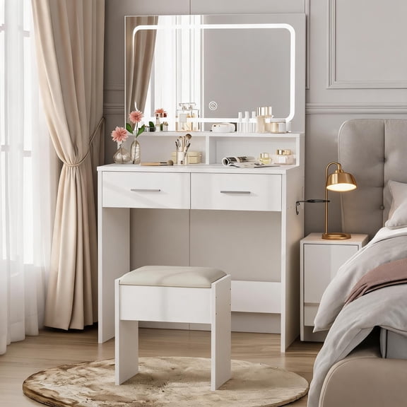 Makeup Vanity Desk with Lighted Mirror, 3-Mode Lighting, 2 Drawers, Charging Station and Cushioned Stool