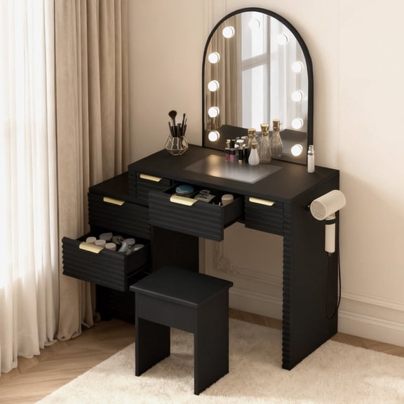 Makeup Vanity Desk with Lighted Mirror Large Glass Tabletop Modern Dressing Table with Drawers Charging Station Hair Dryer Rack for Bedroom Home
