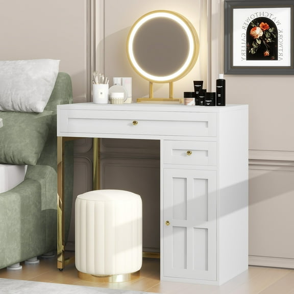 Makeup Vanity Desk with Lighted Mirror, Luxury Dressing Table with 2 Drawers and 1 Cabinet