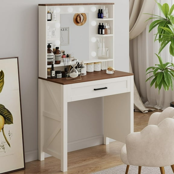 Makeup Vanity Desk with Lighted Mirror, Spacious Drawers Small Vanity Table with 10 Adjustable Lights, Vanity Dresser for Girls Women-White