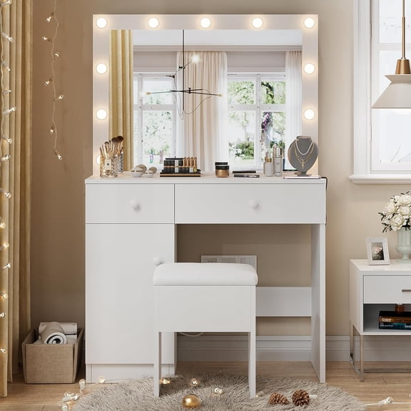 Makeup Vanity Desk with Lighted Mirror, White Vanity with Chair Power Outlet Drawers Cabinet, Dressing Table Set with 3 Lighting Modes for Bedroom