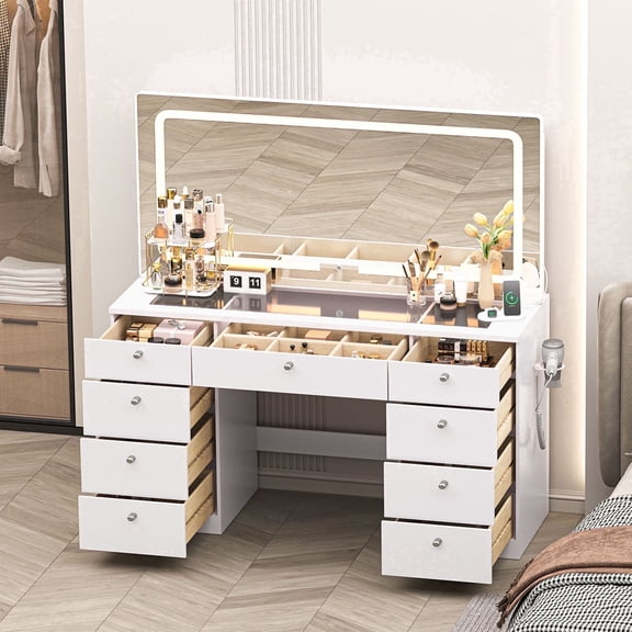 JassmiPkwy 46 INCH Makeup Vanity Table with Mirror, Glass Tabletop 9 drawer,LED Lights, Power Outlet-White