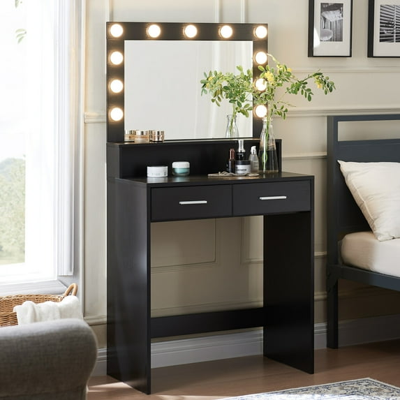 Makeup Vanity Desk with Mirror & Light,Vanity with 2 Large Storage Drawers,Black