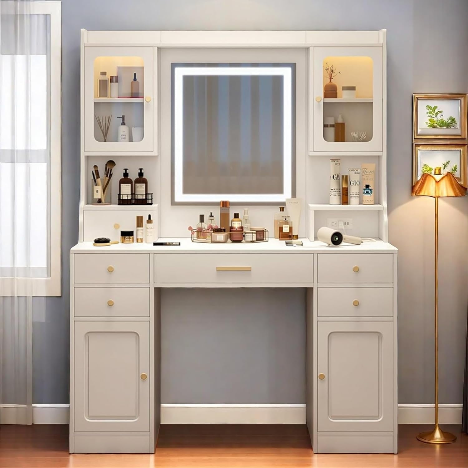 White MDF Vanity Desk with LED Mirror, Gold Handles, 6 Drawers and Shelves