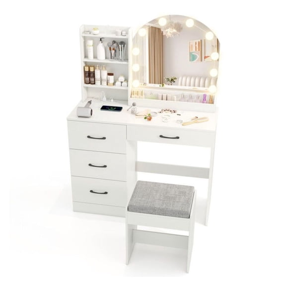 Makeup Vanity Desk with Mirror & Lights, Dressing Table Set with Stool - White/Black - Modern Vanity for Bedroom, 3-Color LED, Charging Station