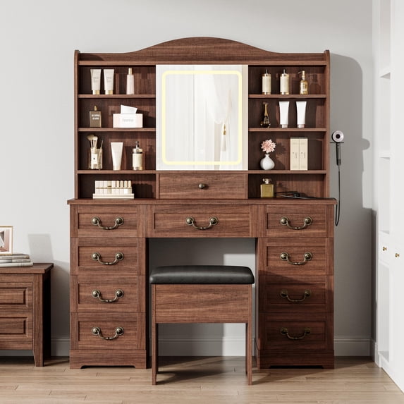 Makeup Vanity Desk with Mirror, Lights & Power Outlet - Vanity Table with 10 Drawers, 8 Shelves & Chair Included, 3-Color LED Lighting for Bedroom