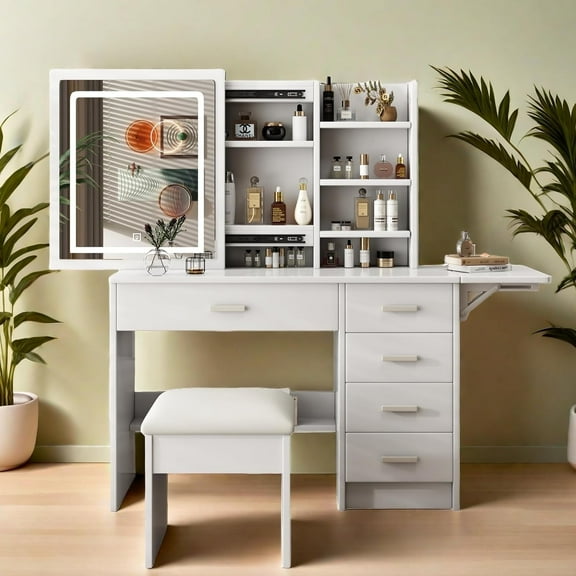 Makeup Vanity Desk with Mirror & Lights, White Dressing Table Set with 5 Drawers, Sliding Mirror & Shelves, 3 Lighting Modes