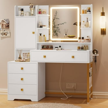 Makeup Vanity Desk with Mirror and LED Lights, White Vanity Table Dressing Table with Charging Station and Drawers for Women Girls