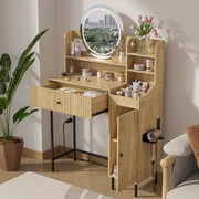 Makeup Vanity Desk with Mirror and Light, Modern Vanity Dressing Table with Charging Statio, Makeup Vanity Desk for Bedroom, Wwood Color