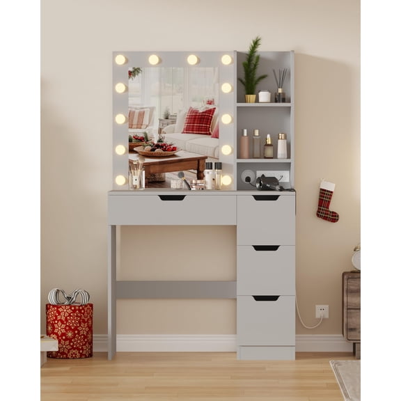 Makeup Vanity Desk with Mirror and Lights, 35"W Large Dressing Table with 4 Drawers & Open Storage, Modern Makeup Vanity Table for Bedroom, Grey