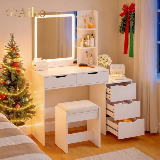 Makeup Vanity Set with Mirror & Lights, Aiho Vanity Desk with 5 Drawers & Storage Shelves, Makeup Vanity , 3 Color Modes & Adjustable Brightness Dressing Table, Bedroom - White