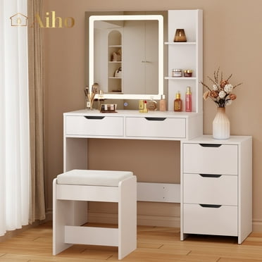 Makeup Vanity Desk with Mirror and Lights, 43.5” Vanity Table with 5 Drawers & Storage Shelves, White