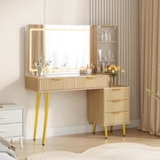 Makeup Vanity Desk with Mirror and Lights, 48" Fluted Makeup Table with Glass Top, 5 Drawers, Open Shelf and Power Outlet, Modern Dressing Table,Oak