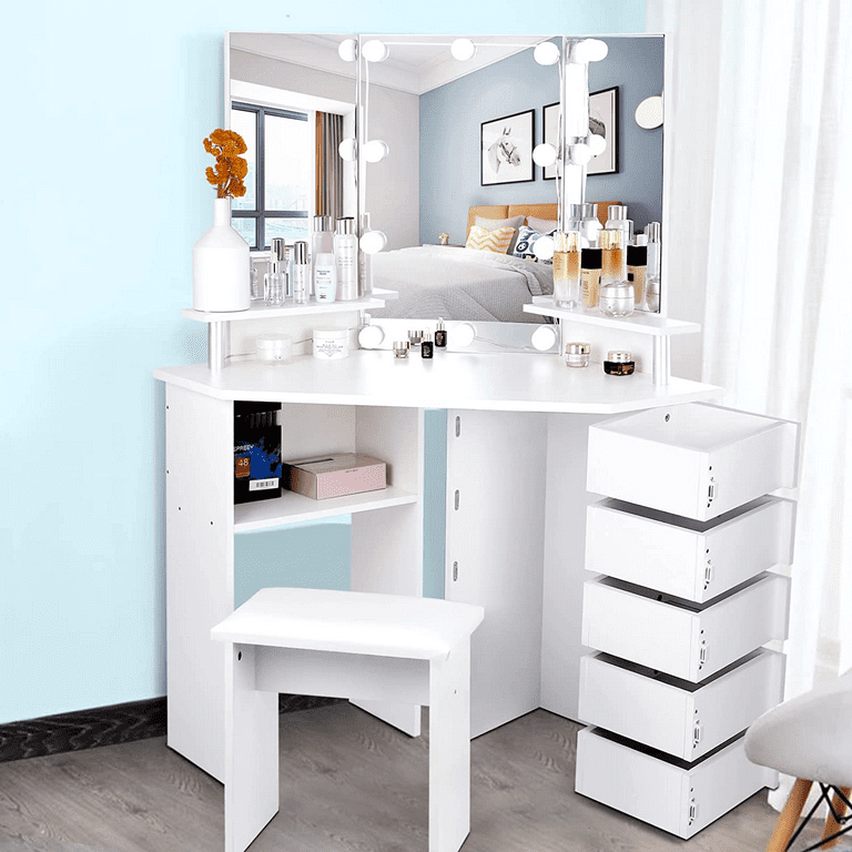 Makeup Vanity Desk with Round Mirror and Lights, White Vanity Makeup Table,  Small Vanity Table for Bedroom with Lots Storage, 3 Lighting Modes