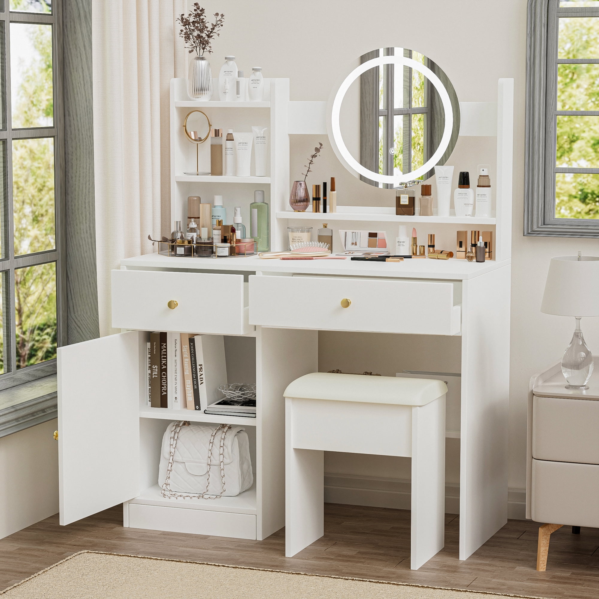 Makeup Vanity Desk with Mirror and Lights Dressing Table with 2 Drawers & Adjustable 3 Color Lighting Brightness for Bedroom Storage Cabinet,White