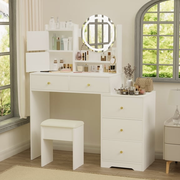 Makeup Vanity Desk with Mirror and Lights Dressing Table with 5 Drawers Bedroom Storage Cabinet,White 02