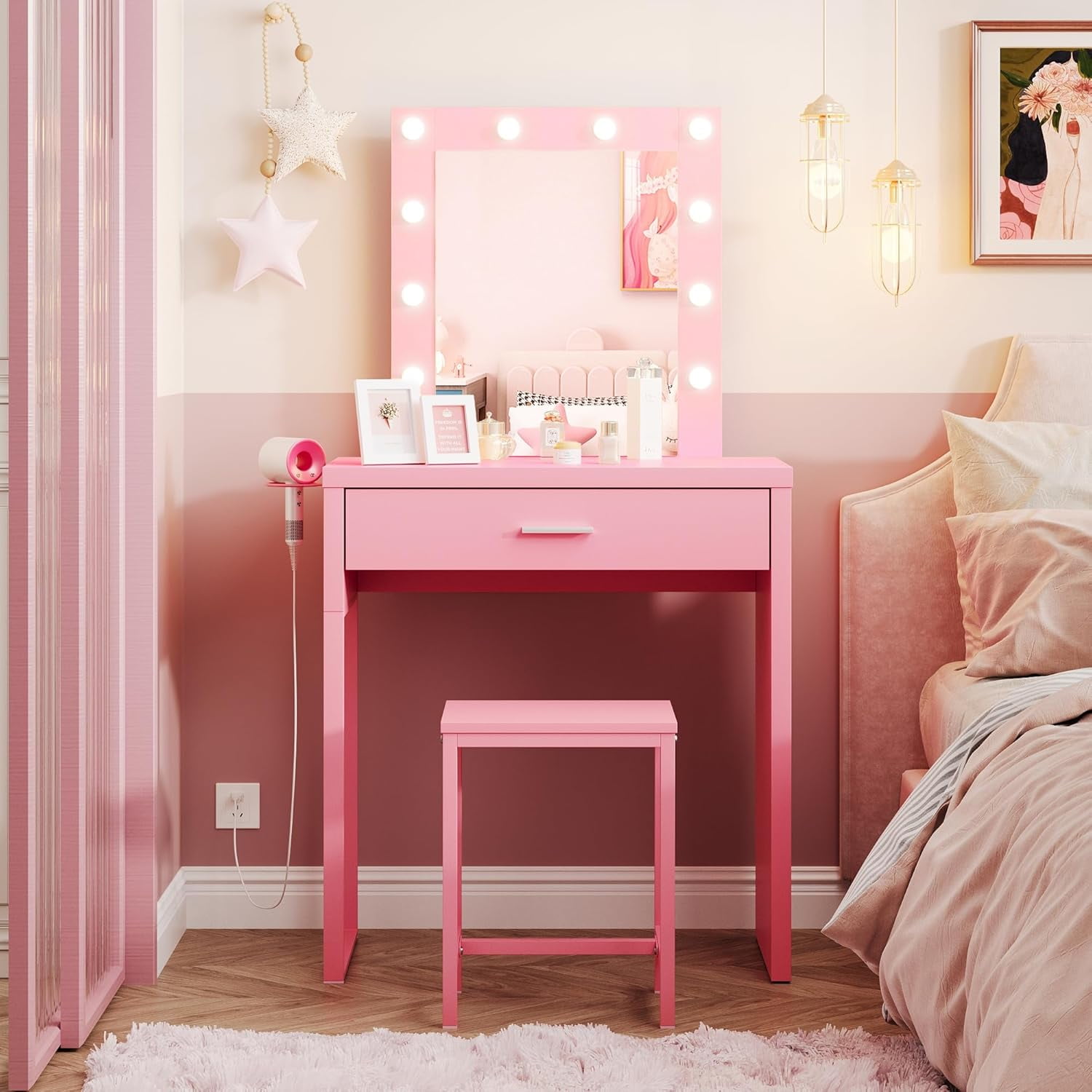 Makeup Vanity Desk with Mirror and Lights, Pink Vanity Table and