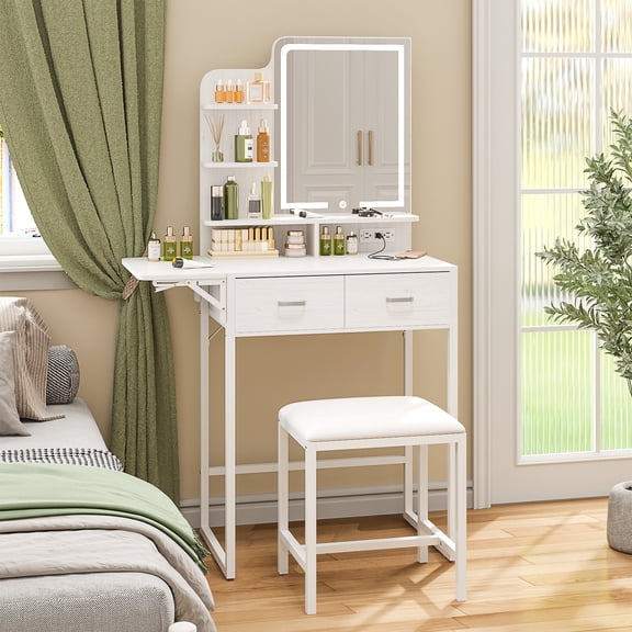 SGHUO Makeup Vanity Desk with Mirror and Lights, Small Vanity with Fabric Storage Drawer & Chair & Shelves,White