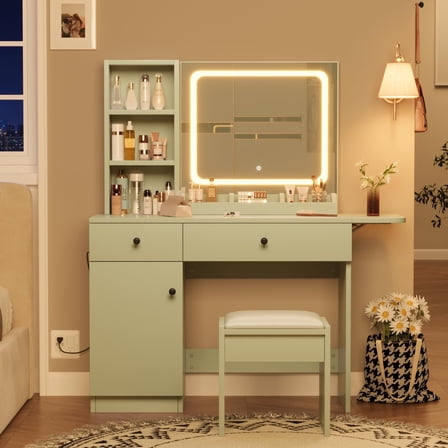 Makeup Vanity Desk with Mirror and Lights, Vanity Table Set with Drawer & Power Outlet & Chair & 3 Shelves, Bedroom, Green
