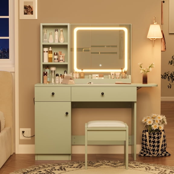 Makeup Vanity Desk with Mirror and Lights, Vanity Table Set with Drawer & Power Outlet & Chair & 3 Shelves, Bedroom, Green