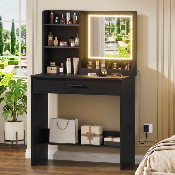 Makeup Vanity Desk with Mirror and Lights, Vanity Table with Storage Drawer and Open Shelves, Dressing Vanity for Bedroom, Black
