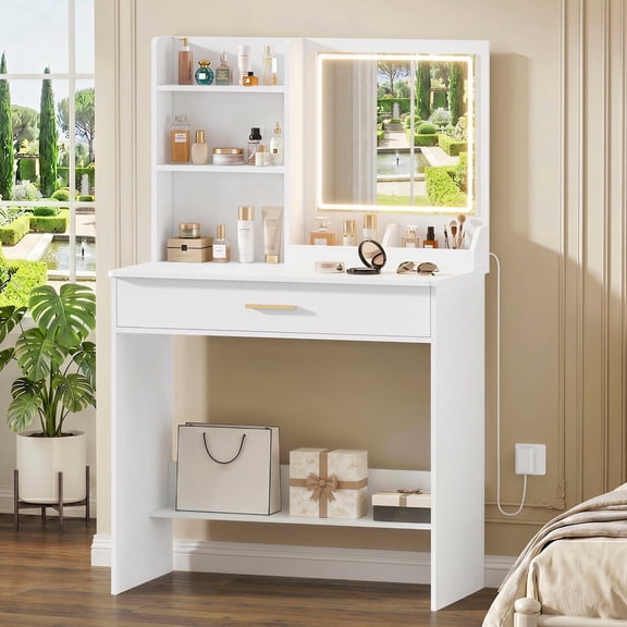 Makeup Vanity Desk with Mirror and Lights, Vanity Table with Storage Drawer and Open Shelves, Dressing Vanity for Bedroom, White