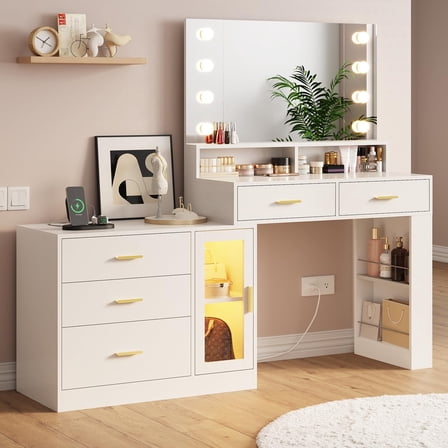 Makeup Vanity Desk with Mirror and Lights White Vanity Table with 5 Drawers & LED Dresser