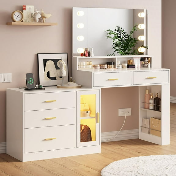 Makeup Vanity Desk with Mirror and Lights White Vanity Table with 5 Drawers & LED Dresser